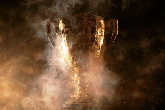 Golden trophy emerging from smoke and lights, luxury sports artwork, premium design --ar 3:2 --v 8.1 Job ID: 0a8c2b56-927d-486c-80b0-3d0fefeb4f49