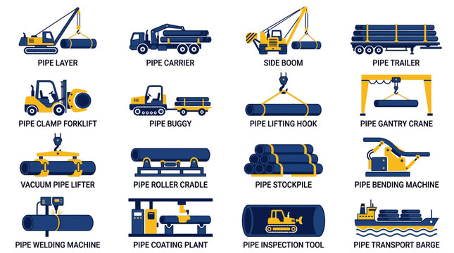Industrial Construction Equipment for Pipe Laying and Transport - Vector Icons