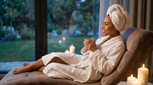 Woman in white bathrobe and towel on head sitting on chair with candles