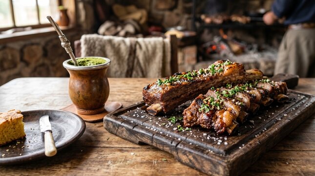 Juicy roasted beef ribs on wooden barbecue board with mate cup