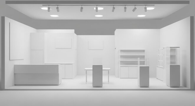 A minimalist, all-white interior space with various display elements and track lighting, designed for retail or exhibition.