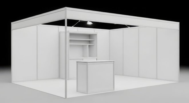 A clean, empty white modular exhibition booth with a counter and shelves, ready for a trade show display.