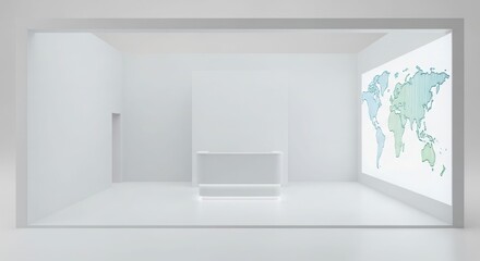Fototapeta premium Minimalist white room with a large screen displaying a colorful world map.