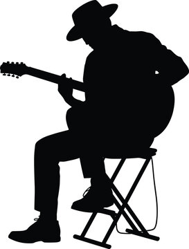 Silhouette of a musician wearing a hat sitting on a stool and playing acoustic guitar isolated on white background