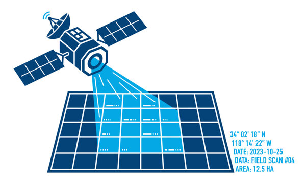 Satellite surveying a grid pattern on a solar panel array for energy efficiency and data collection with grid lines and information overlay