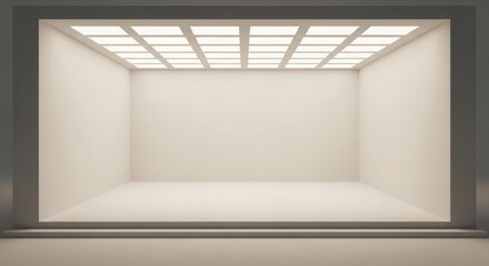 Fototapeta premium Empty white room with bright ceiling lights, a minimalist interior space.