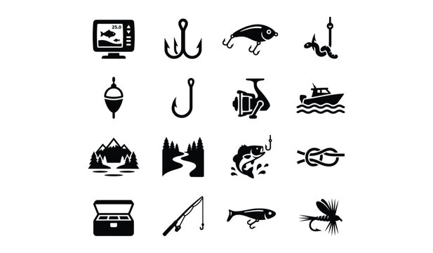 Fishing Equipment Black Silhouette Vector Icons Set Isolated on White