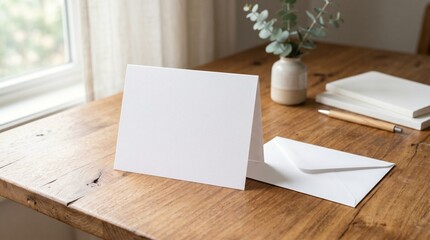 Fototapeta premium Blank greeting card and envelope on wooden table with natural light and minimalist decor