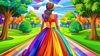 Colorful woman walking down a vibrant road, rainbow dress, illustration, vector art © sumona
