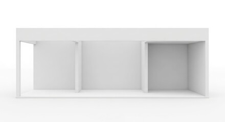 Fototapeta premium Empty white exhibition stand with three sections, a minimalist and clean 3D rendered booth design for trade shows or events.