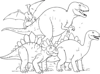 Cartoon dinosaurs climbing a tree with open mouths during daytime against a white backdrop with a playful concept © SDR