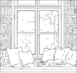 Cozy reading nook with plush cushions and abundant bookshelves beside a large window on an autumn day © SDR