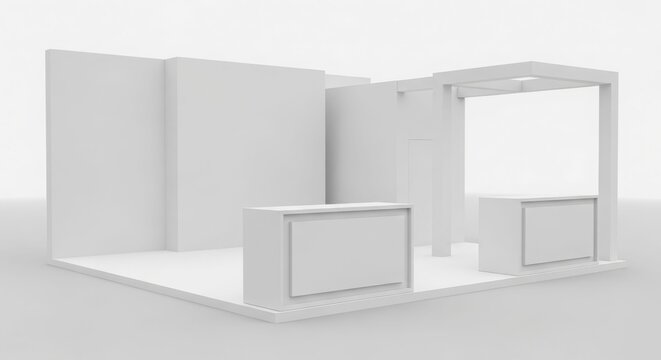 Empty white exhibition booth 3D render with minimalist design and counters.