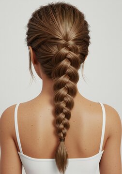 Woman's Back with Long Brown Hair in a Thick French Braid Hairstyle