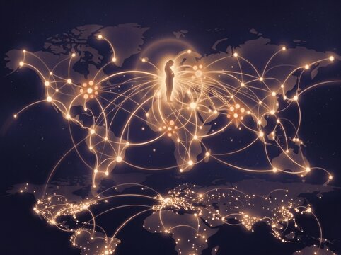 Global connections and networks across the world map at night
