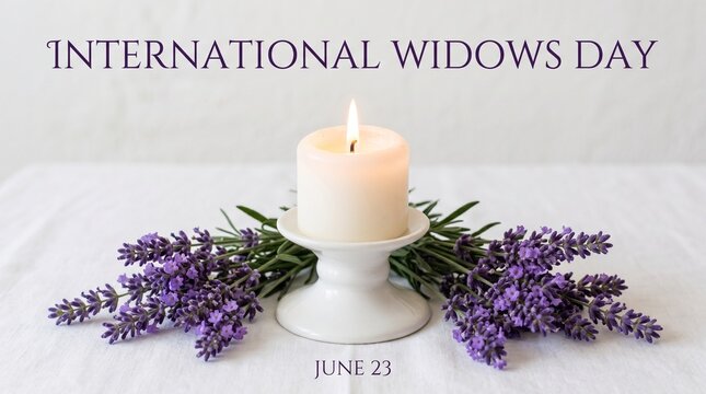 International Widows Day candle and lavender flowers on white background