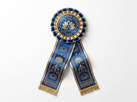 International Yoga Day blue and gold ribbon rosette with lotus flowers and fringe