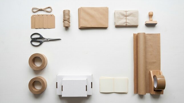 Flat lay of brown kraft paper packaging supplies, scissors, tape rolls, tags, and white boxes neatly arranged on a white background, craft, shipping.
