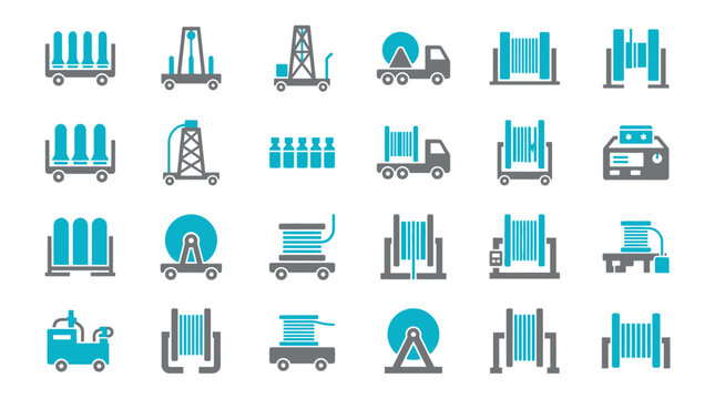 Industrial Equipment Icons: Drilling Rig, Cable Reels, and Trucks