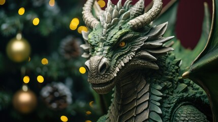 Fototapeta premium Dragon sculpture surrounded by festive decorations.