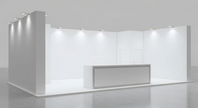 Modern white empty exhibition stand with spotlights and a counter, ready for a trade show or event.