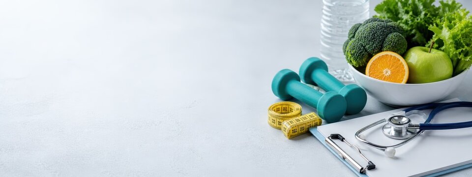 Healthy Lifestyle Concept with Fresh Vegetables, Dumbbells, Water Bottle, and Medical Equipment on Gray Background