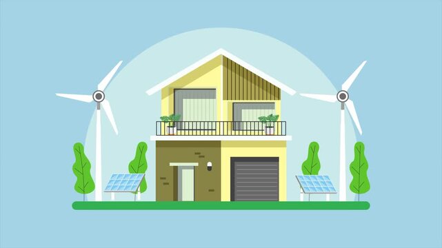 Wind turbines generating renewable clean energy. Suistainable living concept. Full length Icon animation illustration. High quality&nbsp;4k&nbsp;footage
