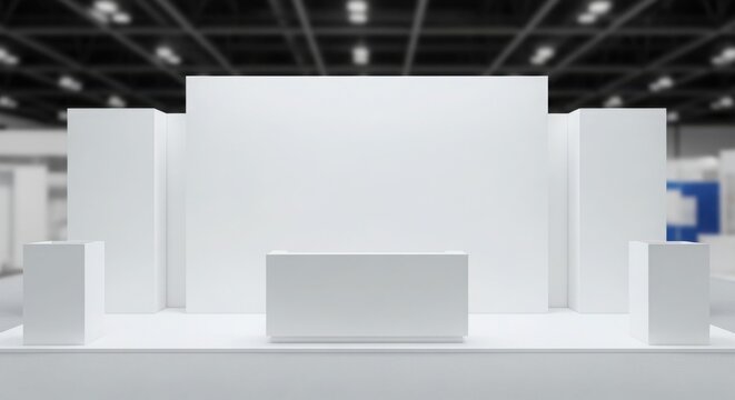 Empty white exhibition booth or trade show stand in a large convention hall, ready for branding and product display.