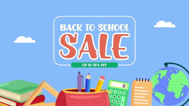 School stationery sale advertising background design. School supplies promotion concept. Full length Icon animation illustration. High quality&nbsp;4k&nbsp;footage
