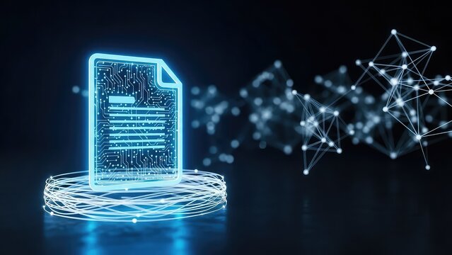 Futuristic digital data cube glowing with neon circuits in dark cyber space