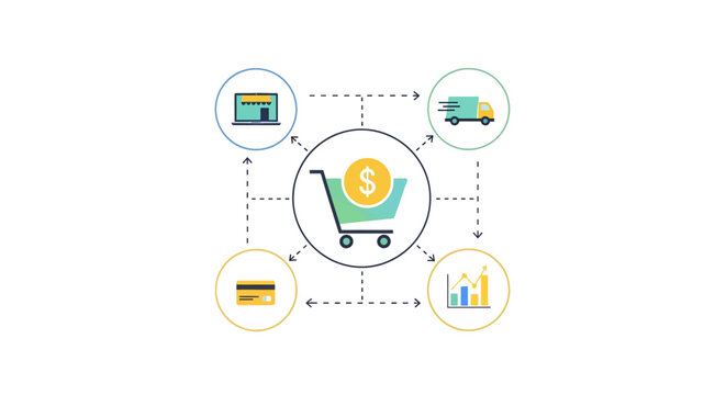 E-commerce, shopping cart, online payment, finance icons, business, commerce, financial symbols
