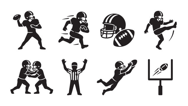 American Football Players in Action with Ball and Goalpost during a Game Silhouette