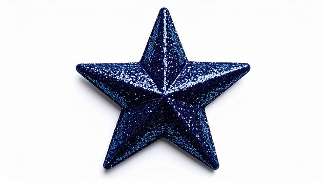 Blue glittery star, close-up of shiny decorative star, isolated on white background