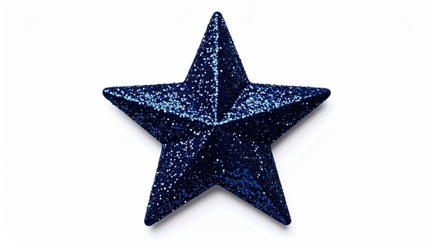 Blue glitter star, close-up of shiny decorative star with sparkling texture, isolated on white background
