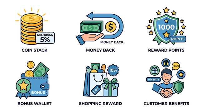 Rewards program icons illustrate customer benefits with money back, coins, wallet, and bonus.