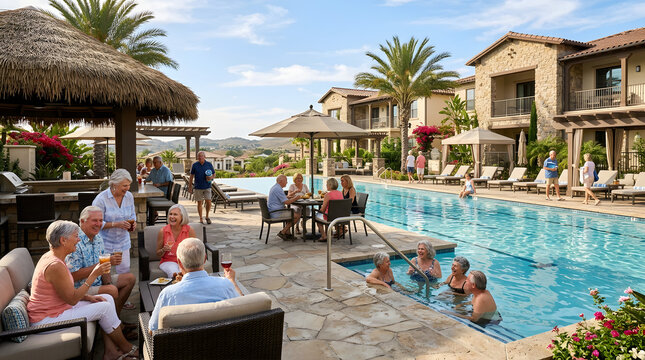 Luxury Tropical Resort Swimming Pool with People Relaxing on a Sunny Summer Vacation Day
