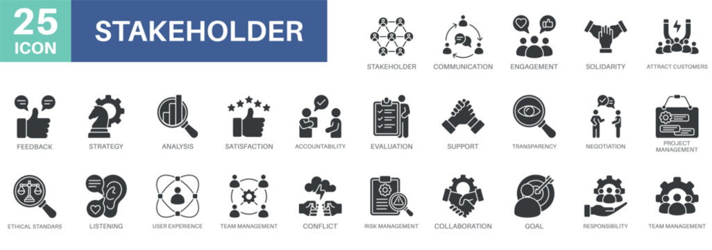 stakeholder management icon set, communication, solidarity,feedback,accountability, and project management. Simple vector symbols for strategy and development