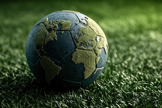 Soccer ball with world map texture on green field, international football concept, premium design