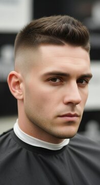 Close-up portrait of a man with a fresh buzz cut hairstyle and fade