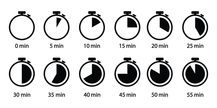Timer and Stopwatch Icon Set &ndash; Countdown Clock, Time Tracking, Productivity & Minute Interval Vector Collection