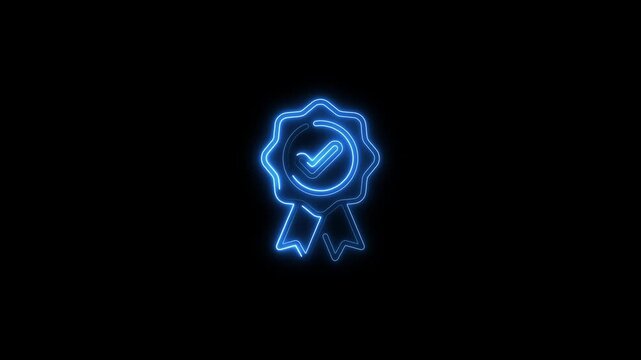 Neon blue checkmark badge on black background for assurance and approval concepts