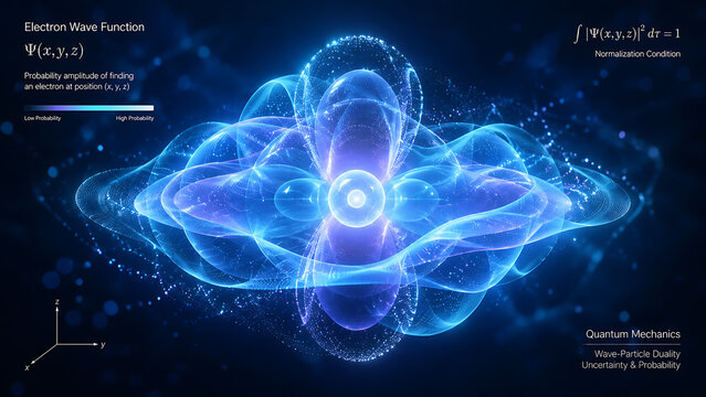 Atomic Orbital Electron Cloud Visualization With Quantum Energy Field | Futuristic Chemistry And Physics Model Of Atom Structure | Abstract Science Illustration Of Electron Probability Waves