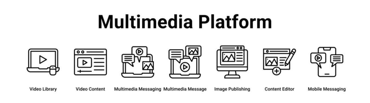 Multimedia Platform web banner icon vector illustration concept for business with icon of Video Library, Video Content, Multimedia Messaging, Multimedia Message, Image Publishing, Content Editor,.