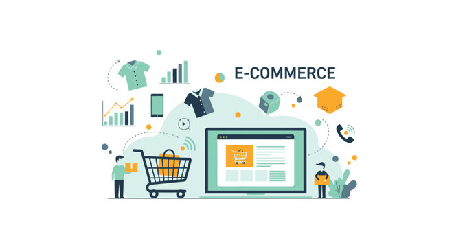 E-commerce icons, online shopping graphics, digital storefront elements, web commerce illustrations