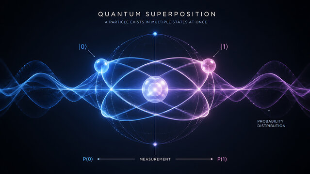 Quantum Superposition Wave Function With Measurement Collapse Visualization | Dual State Particle Physics Concept In Futuristic Style | Abstract Quantum Mechanics Probability Field Diagram