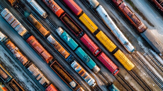 Overhead view of a railyard with colorful train cars parked on parallel tracks, showing details