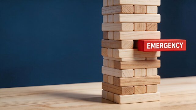Wooden Jenga tower with red emergency block symbolizing financial safety net, crisis management and risk preparation concept for savings