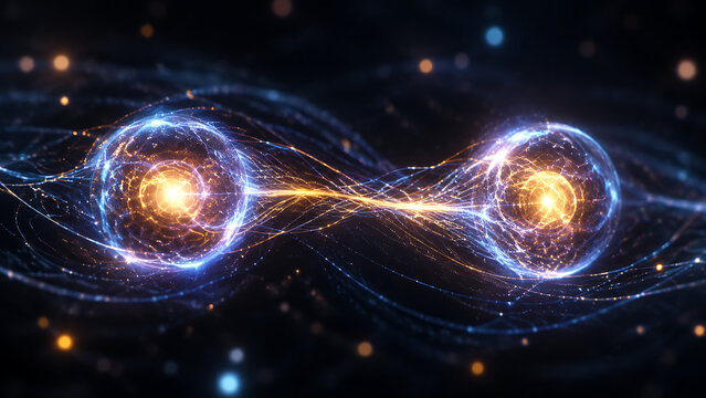 Quantum Entangled Particles Connected By Energy Field Lines | Abstract Representation Of Non Local Quantum Correlation | Futuristic Physics Visualization Of Linked Particle States