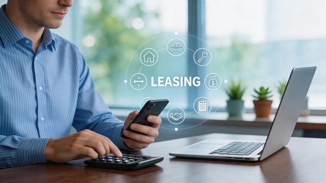 Man calculating leasing costs with calculator and smartphone, holographic icons showing house car key money contract representing rental agreement and finance