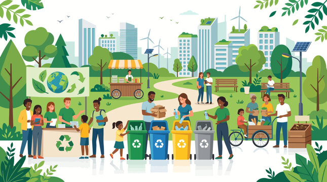 Diverse community engaged in sustainable living practices including recycling, renewable energy, and organic gardening within a vibrant green city parkscape.